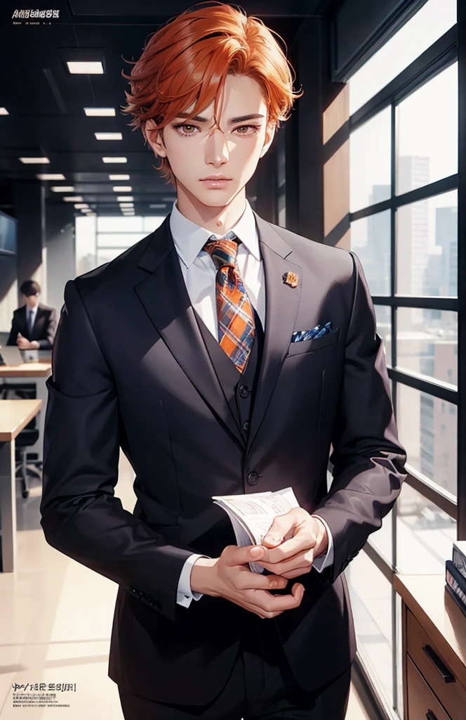 masterpiece、Top quality、high resolution, Modern Office, indoor, hall, High-quality images、8K, 1 man、Skin radiance、Skin and clothing textures、Delicate eye expression、Shiny hair, Man with orange spiky hair, Comics inspired by Lee Jong Suk, Top trends on deviantart, realism, Detailed comic style, Comic art style, Perfect line drawing, Beautiful line art, Digital Comic Art ,(Brown eyes, Exquisite eyes), Full lips, Delicate handsome face,(Detailed hands), Realistic images, Depth of Field, (business attire, High target), Standing, Cowboy shooting
