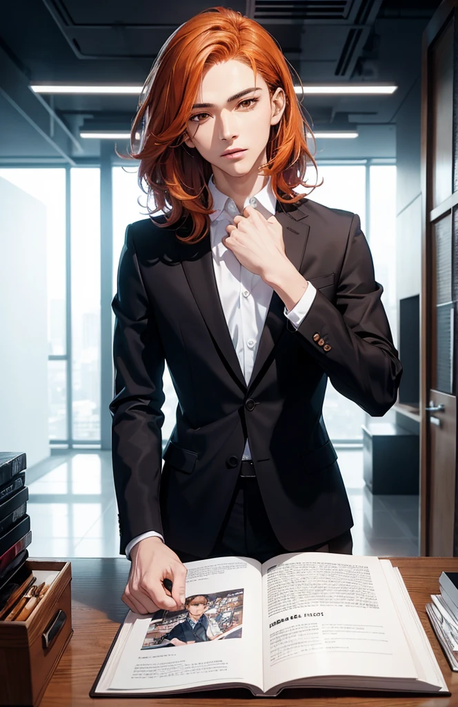 masterpiece、Top quality、high resolution, Modern Office, indoor, hall, High-quality images、8K, 1 man、Skin radiance、Skin and clothing textures、Delicate eye expression、Shiny hair, Man with orange spiky hair, Comics inspired by Lee Jong Suk, Top trends on deviantart, realism, Detailed comic style, Comic art style, Perfect line drawing, Beautiful line art, Digital Comic Art ,(Brown eyes, Exquisite eyes), Full lips, Delicate handsome face,(Detailed hands), Realistic images, Depth of Field, (business attire, High target), Standing, Cowboy shooting