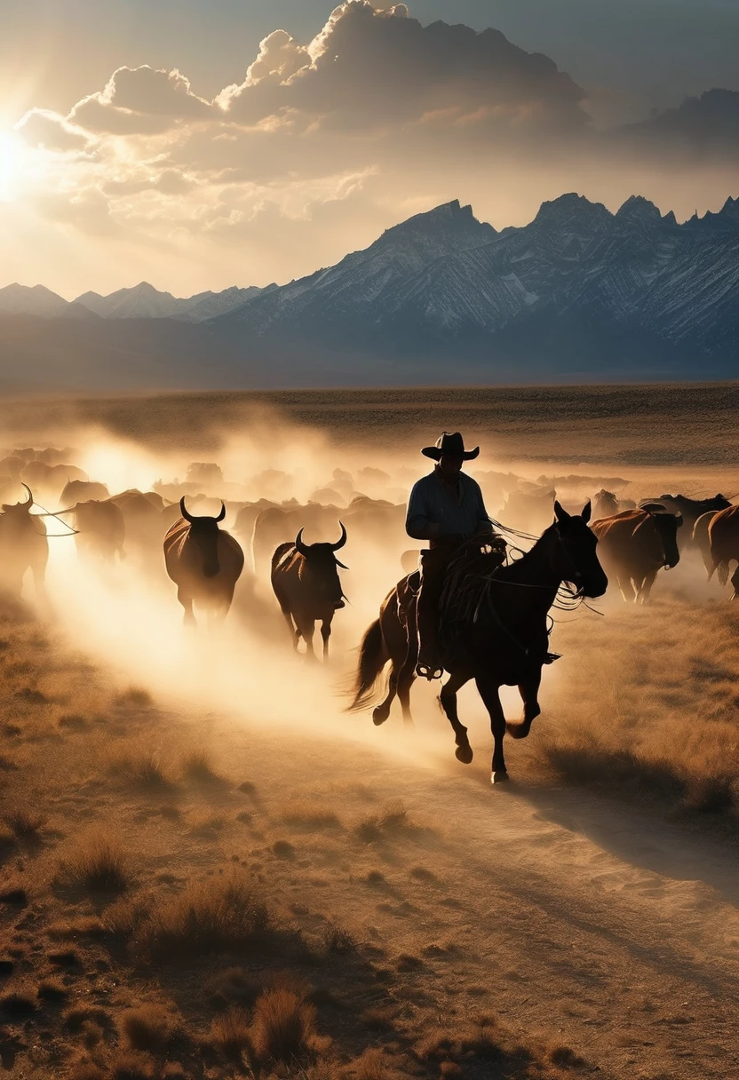 (masterpiece, Highest quality, Very detailed, Wide Shot), silhouette, (Western cowboy on horseback), He chases a herd of buffalo from behind towards the crowd., Wagon together, In the wilderness of western North America in the 19th century, With the sunset in the background, Dynamic Motion Blur, Cinema Lighting, Dynamic action scenes