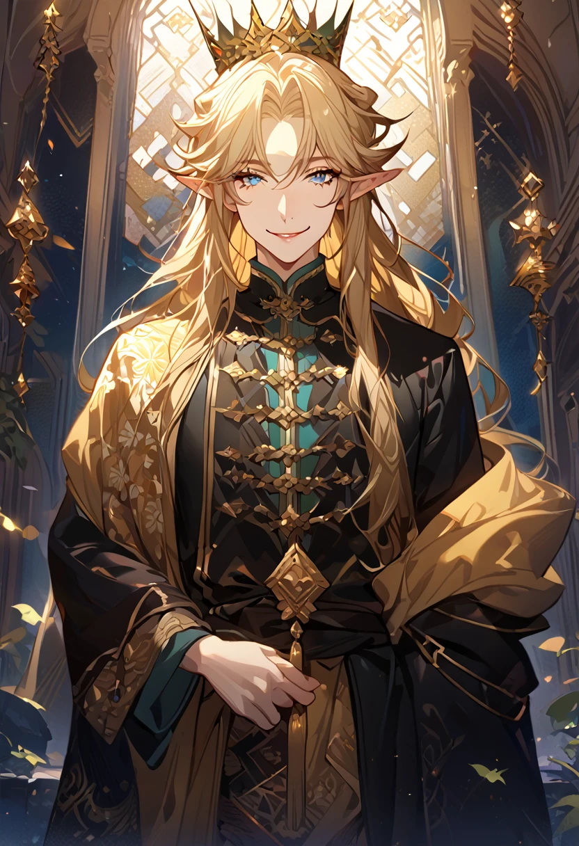 masterpiece, best quality, 8k ,4k , 1male, elf King, Golden Blond, Blue greenish eyes, gold wreath crown, hair ornament, long hair, finely detailed eyes and detailed face, looking at viewer, black sleeveless, half robe, patterned clothes, gold embroidery clothes, meticulous clothes, mature clothe, majestic looks, smiling gently, small bird, full body, inspired by Asukaziye artist : ask, art style : ask