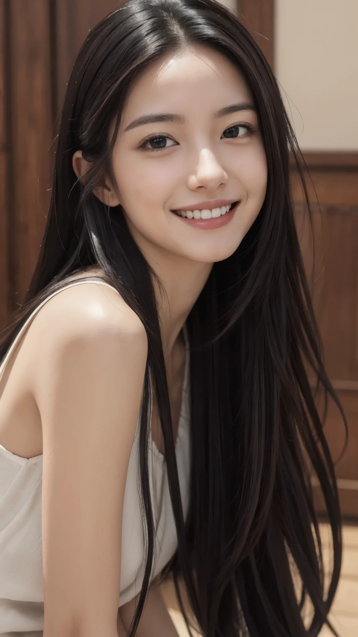 a girl with beautiful detailed gray eyes, beautiful detailed lips, extremely detailed eyes and face, long eyelashes, pale white skin, slim figure, smiling, black hair, fashionable, leaning against the wall, high quality photo, ultra-realistic, professional photography, studio lighting, vivid colors, 4k, best quality, masterpiece