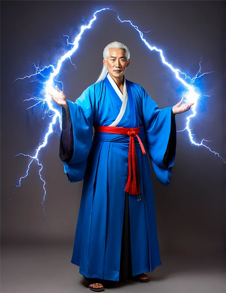 White-haired middle-aged man with lightning bolts in his hands, blue Daoist robes, strong