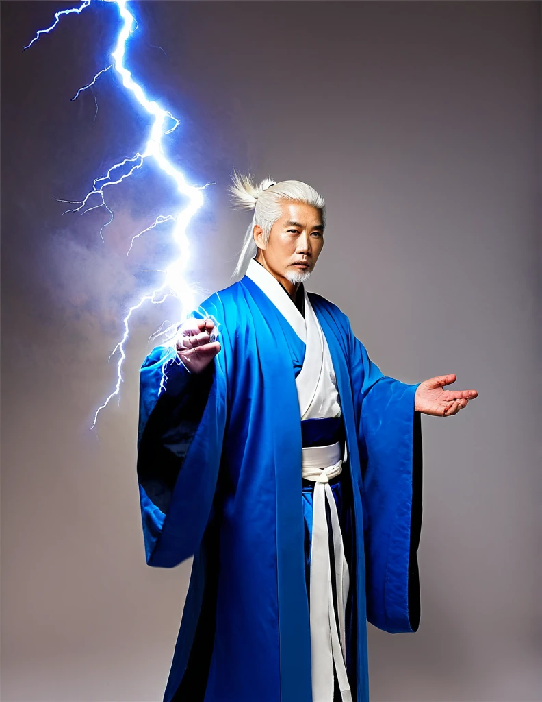 White-haired middle-aged man with lightning bolts in his hands, blue Daoist robes, strong