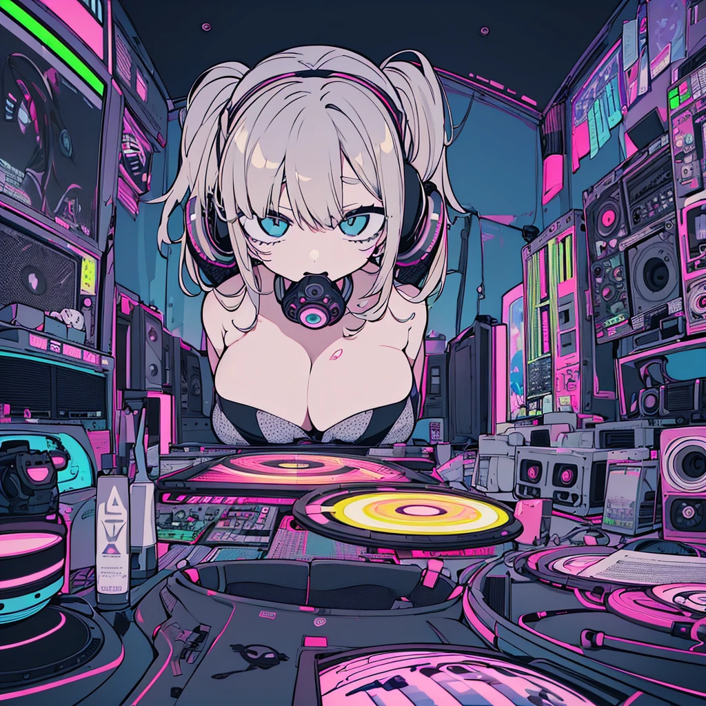 Best quality, (masterpiece:1.2), best detail face,1 girl, big breasts, 18 yo, 8k,absurdres,unity 8k wall paper,(extremely detailed:1.3), highest realistic, (retro headphones:1.1), (soft neon light:1.1), (floating hair:1.2), (psychedelic:1.2), Her room full of music equipment and records, See the whole room, dark grey color palette, blonde hair