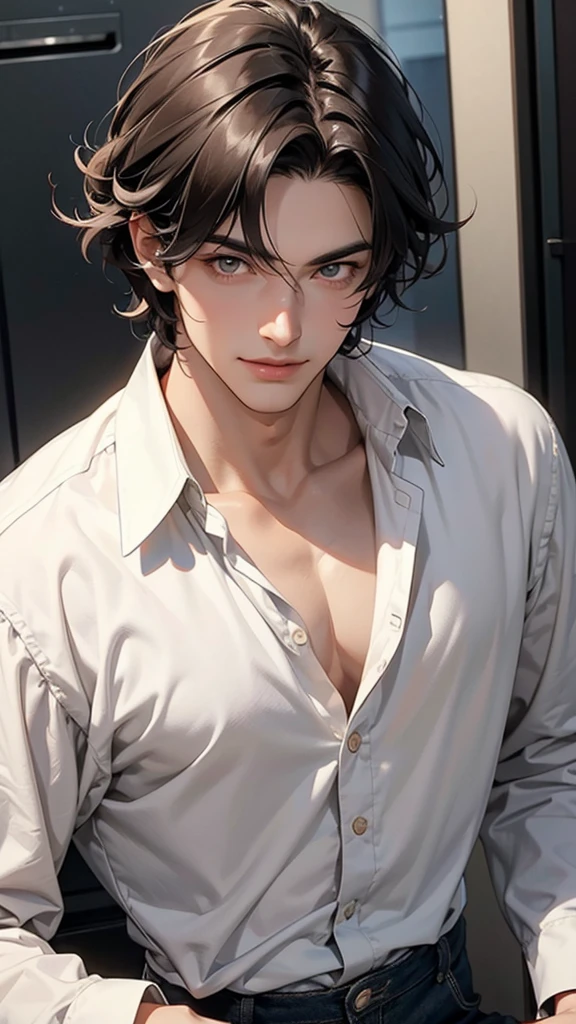 Please draw a handsome guy in his 20s. His jaw is well-defined，The cheekbones are high, big, Shining eyes and charming smile，Looks sincere and kind. His hair length is medium to short, Natural black or dark brown, Slightly messy. He is thin，But muscular, Proper conditioning and fit.

His fashion style is modern and sophisticated, But he didn&#39;t wear any accessories.. He is an ordinary office worker in his 20s.. On weekdays, He wears a suit or business casual, Including jacket, shirt, and casual pants. In the weekend, He likes simple and casual style. He looks clean、confidence, With a friendly and warm smile.