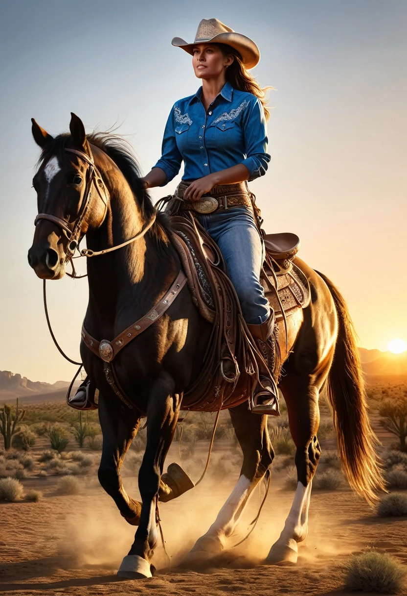 1. Cowboy, Rodeo, Oil painting, Cowgirl, Cowboy hat, lasso, horse, Ranch, sunset, desert, Action pose, Detailed face, (Highest quality,4K,8k,High resolution,masterpiece:1.2),Very detailed,(Realistic,photoRealistic,photo-Realistic:1.37),Cinema Lighting,Dramatic Shadows,Vibrant colors,Dynamic configuration