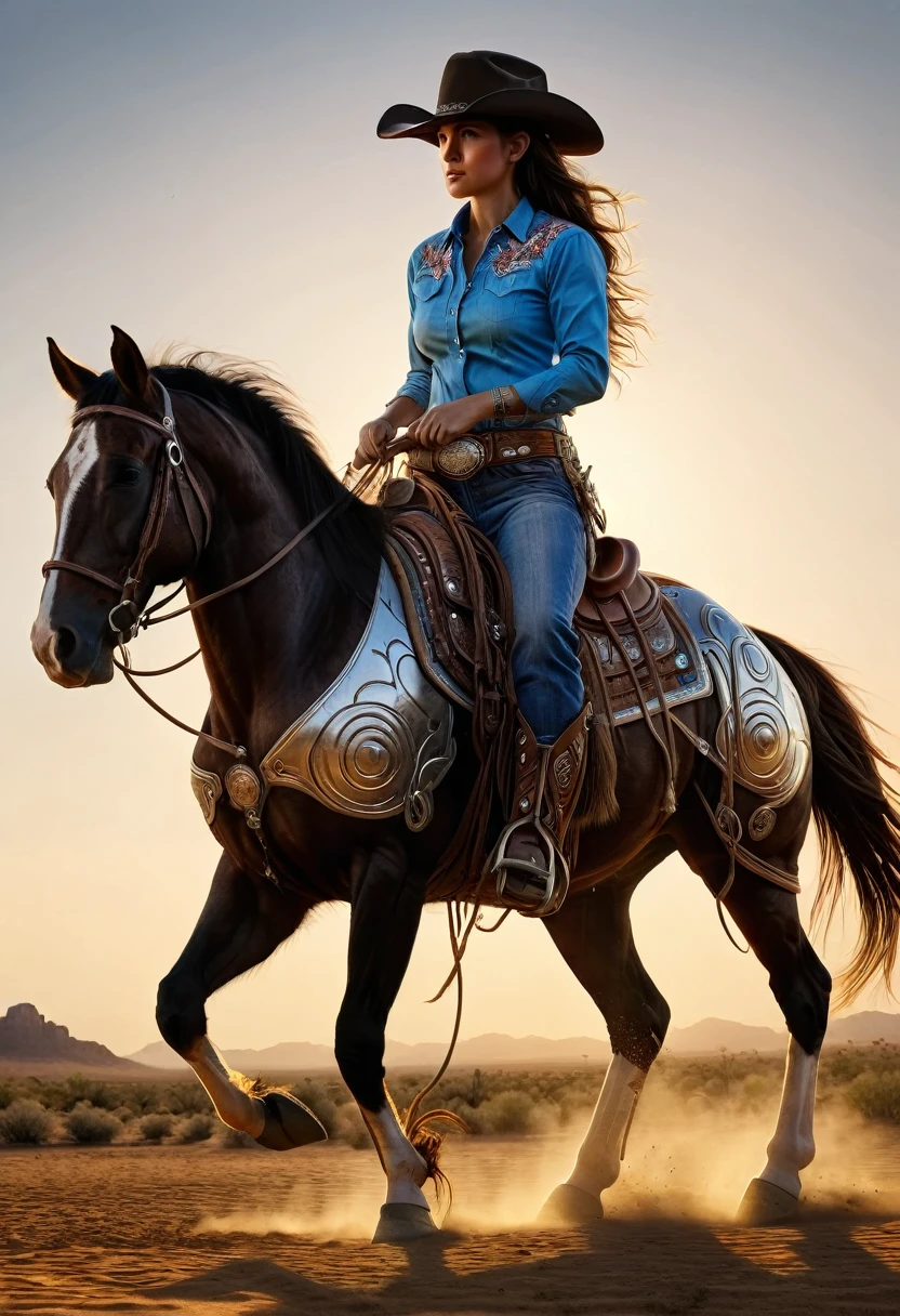 1. Cowboy, Rodeo, Oil painting, Cowgirl, Cowboy hat, lasso, horse, Ranch, sunset, desert, Action pose, Detailed face, (Highest quality,4K,8k,High resolution,masterpiece:1.2),Very detailed,(Realistic,photoRealistic,photo-Realistic:1.37),Cinema Lighting,Dramatic Shadows,Vibrant colors,Dynamic configuration