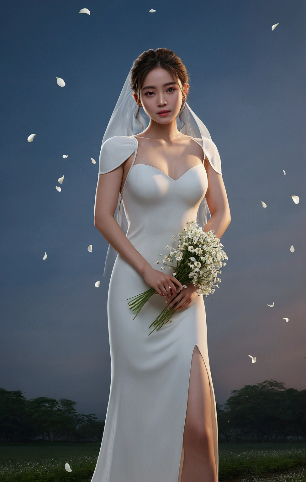 (Masterpiece, best quality:1.6), white dress, thigh, beautiful girl, (flower, Many small white petals:1.3), garden, sky, look at viewer, small waist, official art, raw photos, Incredibly nonsense., Headlight, dynamic light, movie light, ultra realistic, height, photography, Sharp focus, Maximum details, very detailed, มีvery detailed, exquisite details, ดวงตาและใบหน้าที่มีvery detailed