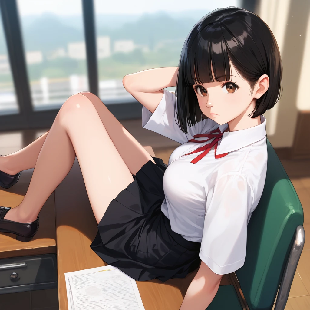 score_9,score_8_up,score_7_up,masterpiece,best quality, source anime, realistic, super detailed, extreme detailed, rating_safe,
1girl, (sitting on chair, crossing legs on desk:1.2), arms behind head, from above,
BREAK girl, 22yo, short hair, bob cut, (blunt bangs), black hair, (tareme, detailed cute brown eyes), curled eyelashes, (large breasts:0.9), shiny hair, beautiful detailed eyes, beautiful face, 
slender, small ass, slim legs, 
serious, scowl, frown,  with a pencil between nose and lips,
white collared shirt, black tight mini skirt, pumps,
indoors, my room,