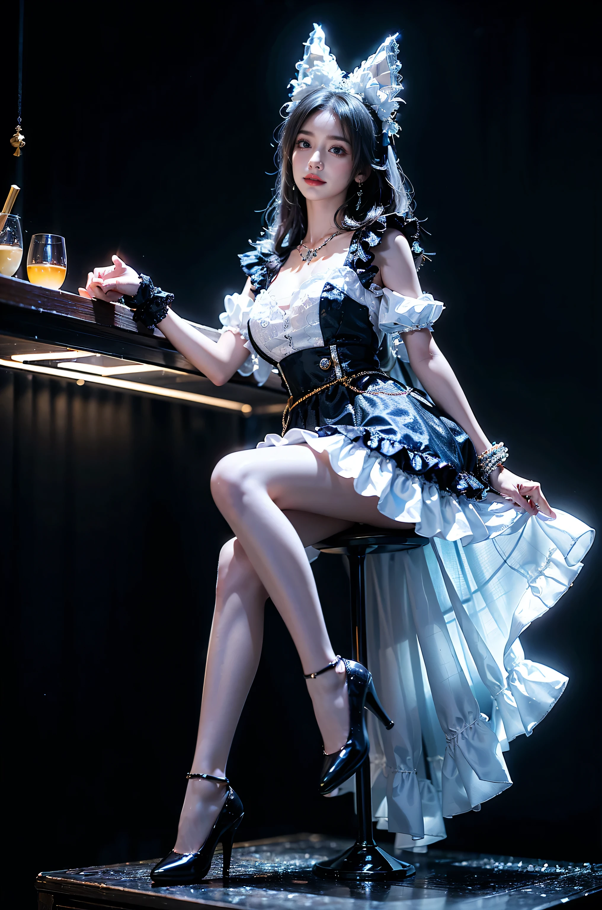 shinano role play costume, role play, High Leg Raise, High heel, transparent, Fox Tail, Multi-tail, ((whole body)), ((From below)), ((Sitting)), ((Sit on a bar stool)), Clear face, Pretty Face, 8k, masterpiece, original photo, best quality, detail:1.2,lifelike, detail, Very detailed, CG, Unite, wallpaper, Depth of Field, light, lens flare, Ray Tracing, (Extremely beautiful face, Beautiful lips, beautiful eyes), Complex, detail face, ((ultra detailed skin)), 1 girl, in the darkness, Deep Shadows, Beautiful Korean girl, Korean Idol,(Very slim figure:1.3), Full breasts, Large Breasts, Slender sexy legs, Very beautiful legs, elegant posture, (A bright smile), (City night, (Neon lights), (night), Beautiful Korean girl, White Diamond Earrings, Diameter Bracelet, Deya Necklace, Clear eyes, (big eyes)