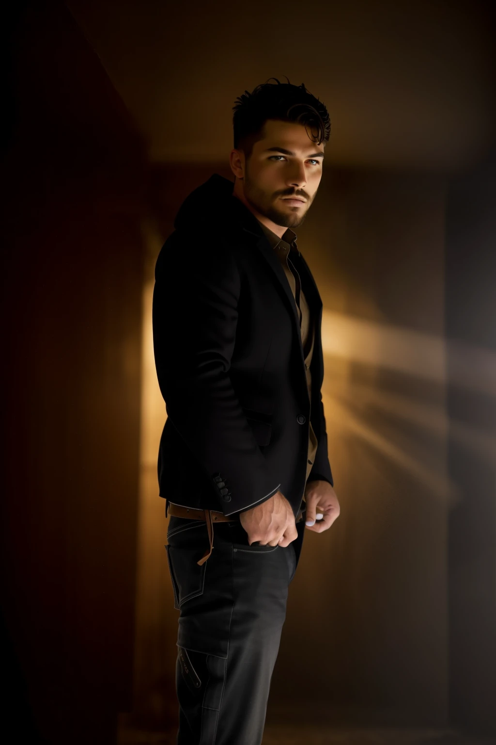 full body shot,(35mmstyle:1.1),analog style,masterpiece,raw,of a (cowboy man:1.10),(detailed eyes:1.10),Exaggeration,Dark Aesthetic,Nostalgiacore,Backlight,light rays magical lighting beams,dust in beam,moody lighting,dark color,Dark Aesthetic,'dark,ominous,haunting,forboding,gloomy,stormy,sinister,shadowy,harrowing',detailed eyes,high detail,realistic,detailed face,insane detail,cinematic shot,cinematic light,strong wind,dynamic pose,RAW,canon r6,wide shot,sharp,dramatic lights,dark,film grain,HDR,realistic skin, pores on skin,depth of field