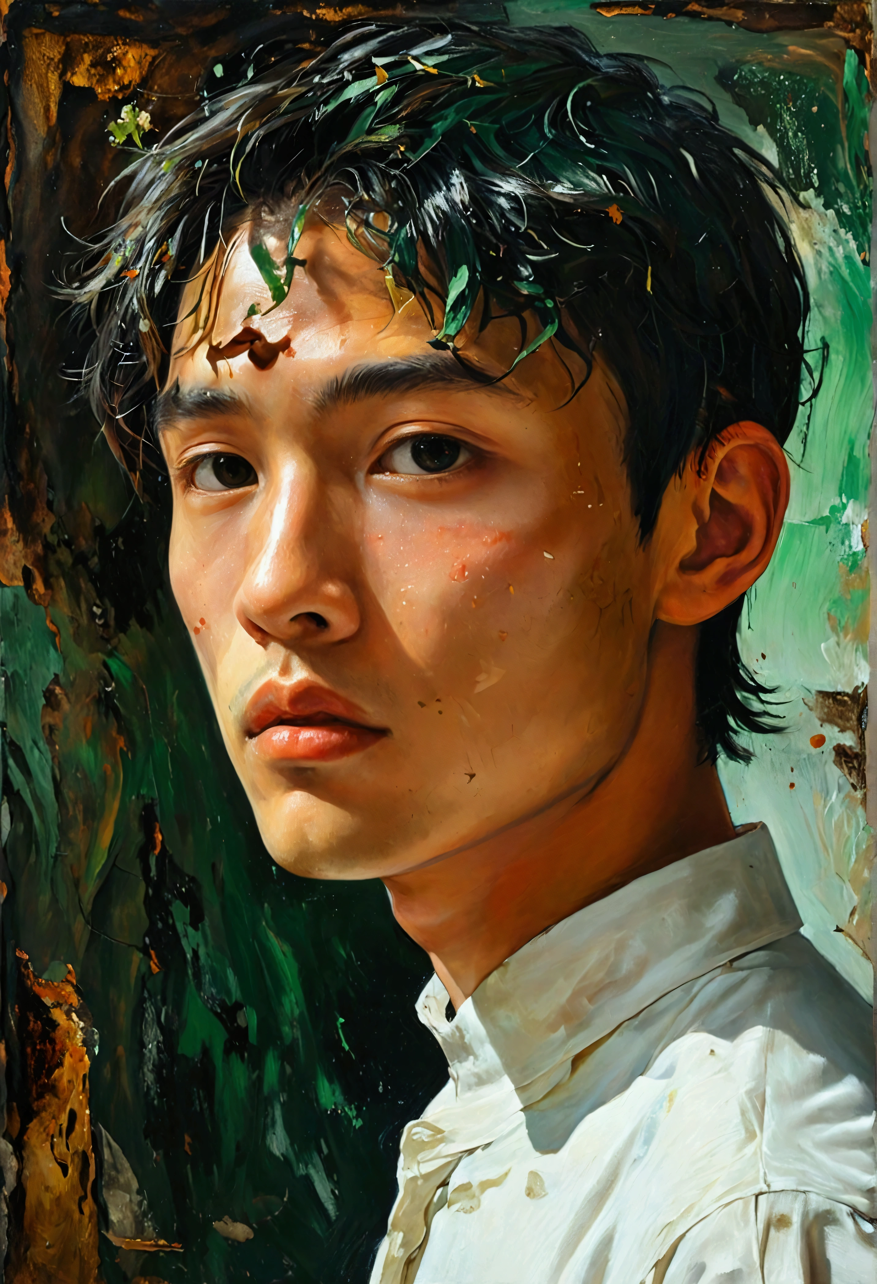 Contemporary painting、Semi-figurative and semi-abstract paintings、Upper body portrait of a young man of half Asian and half Caucasian descent(Realistic: anime=4:6)、Her body is tilted slightly to the right, like the Mona Lisa.、Hair is green、Wearing a white Catholic Scala shirt、
Vermilion color surface background、Black Volcano(Graphical Image)、The words of a poem are faintly drawn, and are indecipherable.(The jade sun shines in the distance)、A touch of impressionism、Surrealism、Cubist composition at the bottom of the screen、Background: Five damaged Renaissance-style human sculptures(Transmittance 20%)、Animals like those in the Lascaux caves(Transmittance 50%)