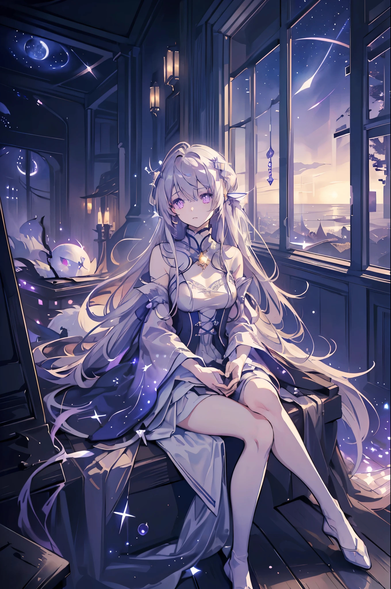 Name: Tenui Komorebi
Element: STELLARA
Description: An enigmatic star-whisperer, Tenui Komorebi guides celestial bodies with her gentle touch. Her ethereal demeanor belies her profound wisdom and deep connection to the cosmos.
Prompt: ((((Majestic, ethereal, ultrahigh resolution)))), 1girl, seated, ((long silver hair:1.2)), ((pale complexion)), ((violet eyes:1.1)), ((glowing eyes:1.05)), (((ultra detailed face:0.85, detailed eyes:0.95, beautiful hair:1.15))), ((head tilted:0.3)), (close-up shot), facing viewer, (((indoors, starry night, soft lighting:0.95))), , deep in thought, ((crossed legs)), ((perfect hands:1.1)), (((head:1, chest in view, arms rest on knees, elbows in view))), holding a star maps, ((wise expression)), lively eyes, ((expressive hands)), (((soft lighting:0.9, unique outfit decorated with stars:1.1, artistic background))), 22 years old,(((serene))), ((ethereal)), (((high contrast))), (((subtle colors)))