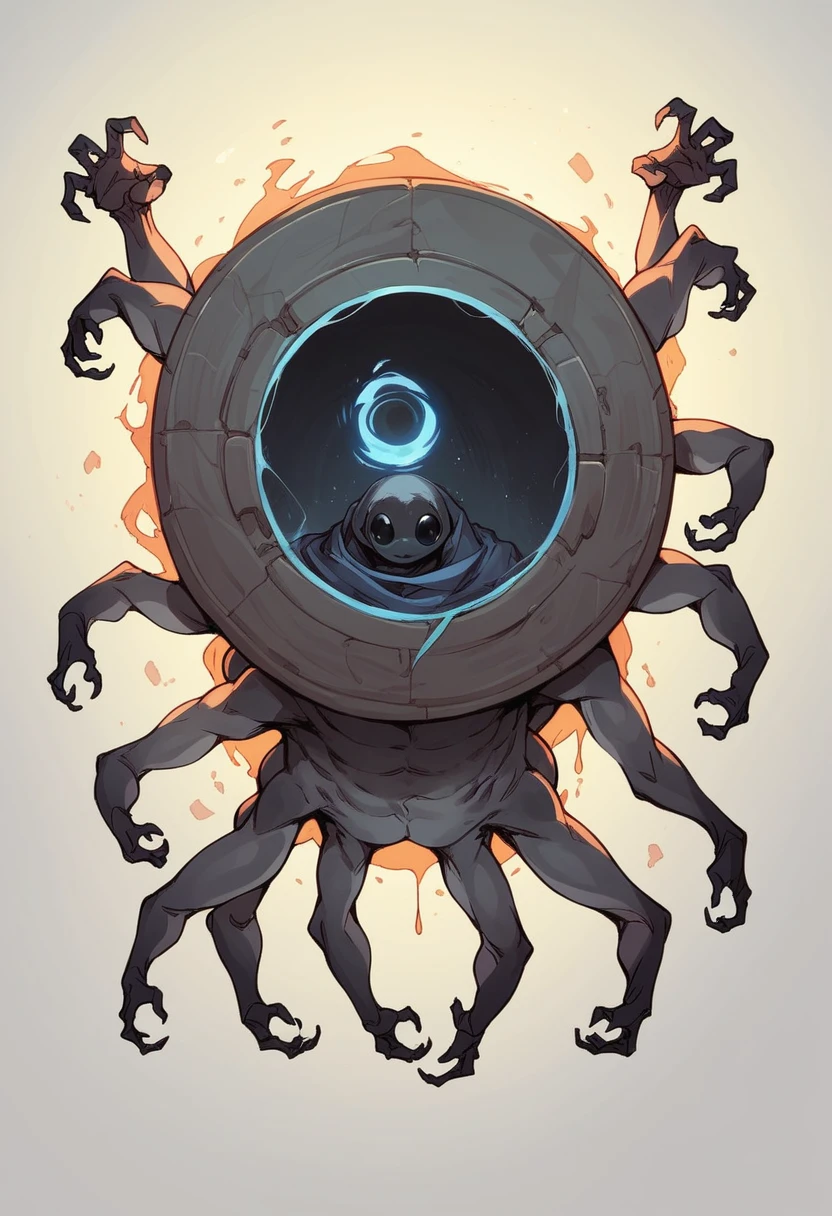 Humanoid creature, extra arms, black eyes, leaving a portal