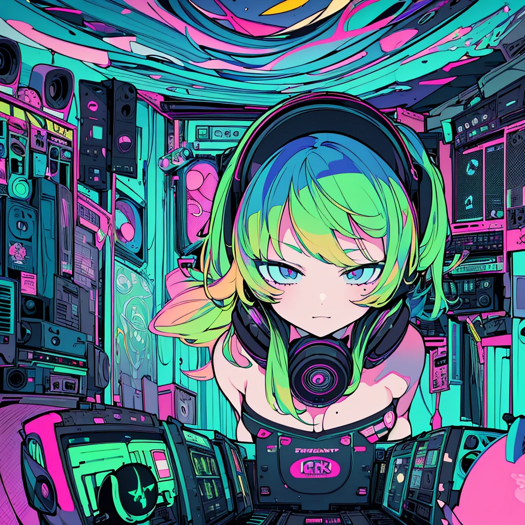 Best quality, (masterpiece:1.2), best detail face,1 girl, big breasts, 18 yo, 8k,absurdres,unity 8k wall paper,(extremely detailed:1.3), highest realistic, (retro headphones:1.1), (soft neon light:1.1), (floating hair:1.2), (psychedelic:1.2), Her room full of music equipment and records, See the whole room, dark green color palette, blonde hair