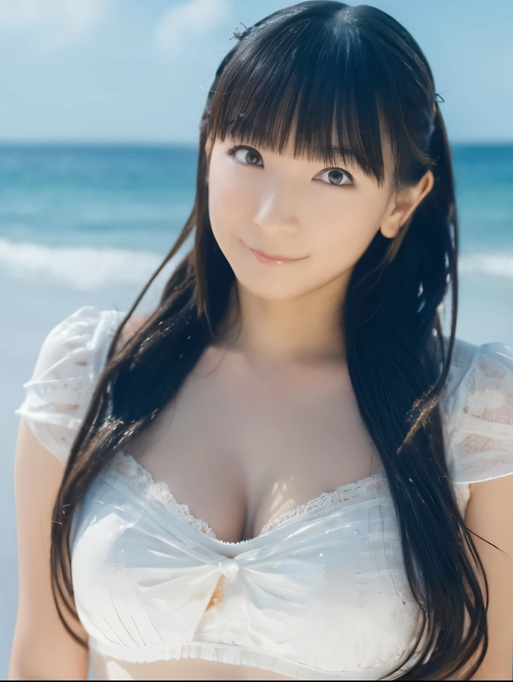 Highest quality, masterpiece, , ,short, Huge breasts, ((Highly detailed beautiful face)),Gray Hair,Low twin tails, Purple eyes, Yukinecris, Thin twin tails,, Beach, Ocean, White Dress, White Skirt, White dress,  (((shy))), (Happy), ((Leaning forward)), summer, From above, Reaching out, smile,((Natural big breasts:1.6)),((Upper Body))