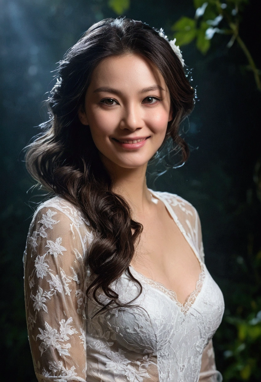 1 fille gothique, (seul), beau sourire, Beau visage, cheveux longs corbeau, mouillé hair.  (corps mouillé, mouillé, beau corps mince et luxuriant), (combinaison moulante sexy en dentelle blanche, gants brodés en tissu) environnement naturel, Forêt nocturne magique,  pluie torrentielle, lagune,  brouillard, Givre.   Haute définition,  4k, 8k, Haute qualité. Cinématique. (chef-d&#39;œuvre), (extrêmement complexe), (réaliste) Photographie professionnelle détaillée d&#39;une femme magnifique, netteté, Spectaculaire, Récompensé, Cinématique lighting, hyperréalisteic 