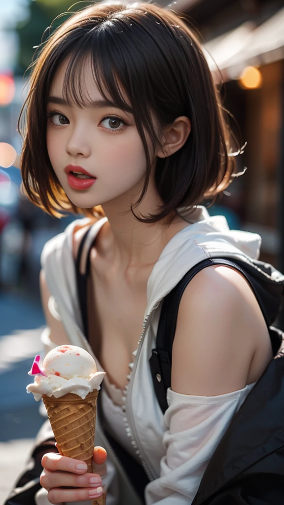 Cute Japanese Women, ((Licking ice cream)), ice cream cone, (holding ice cream cone: 1.4), Open your mouth, (Sticking out tongue: 1.3), short hair, Natural Makeup, Melting ice cream, look at me, Brown Hair, Soft lips, teeth, 8K wallpaper incorporating highly detailed CG, High resolution, Realistic photos, Cinematic Light, (最high quality: 1.4), high quality, (((Bokeh))), Depth of written boundary.