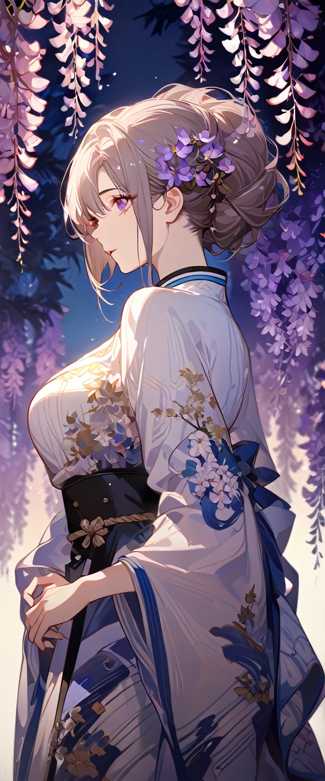 wisteria flower, wisteria tree, wisteria background, 8k ,4k , best quality, high quality, masterpiece, embroidery  clothes, big chest, all kind of hairstyle, inspired by Asukaziye artist : ask, art style : ask