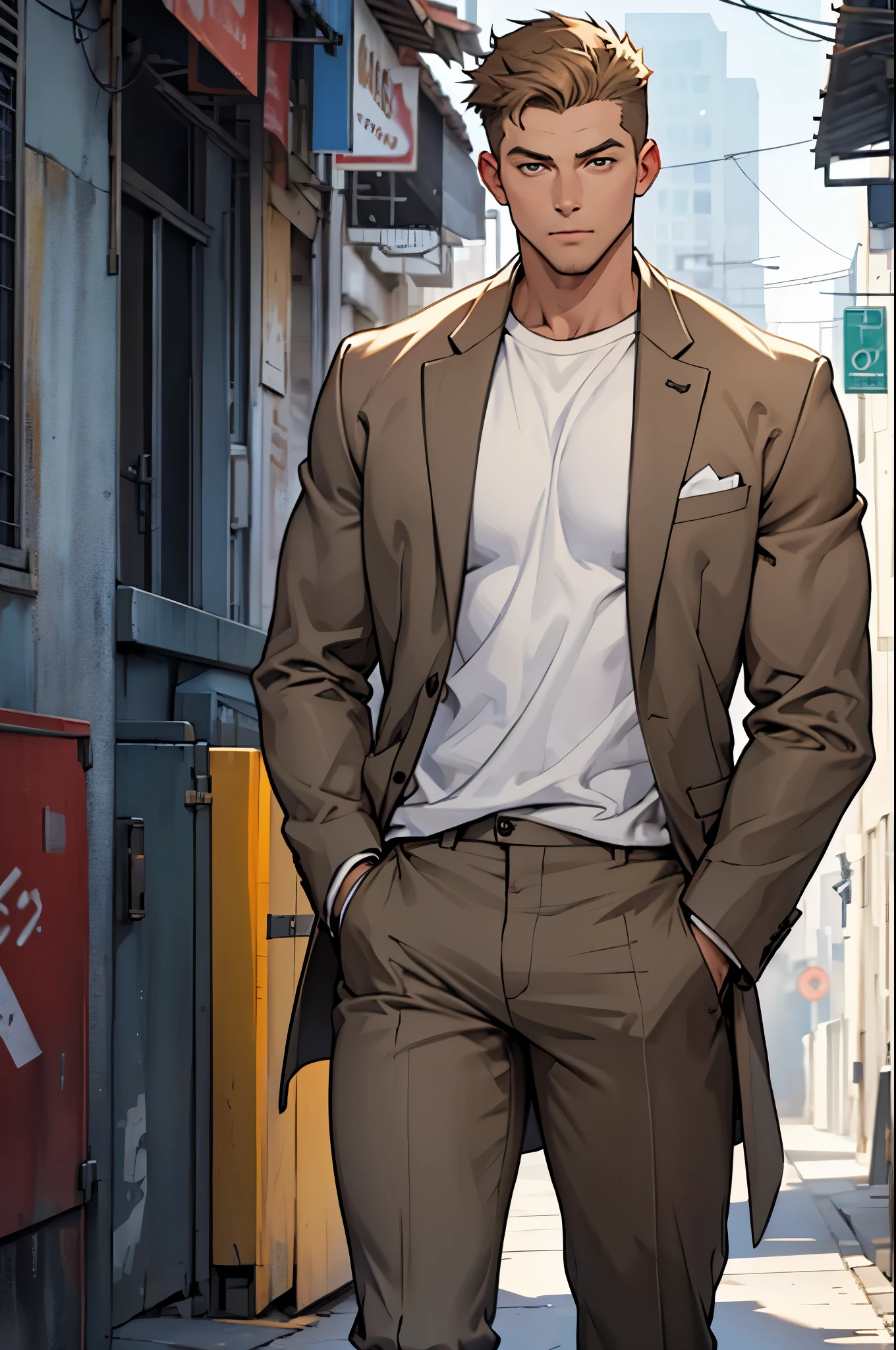 Drawing of a Young Chad, Gray suit, Hands in pockets,Brown short hair， Looking at the camera, male，White shirt