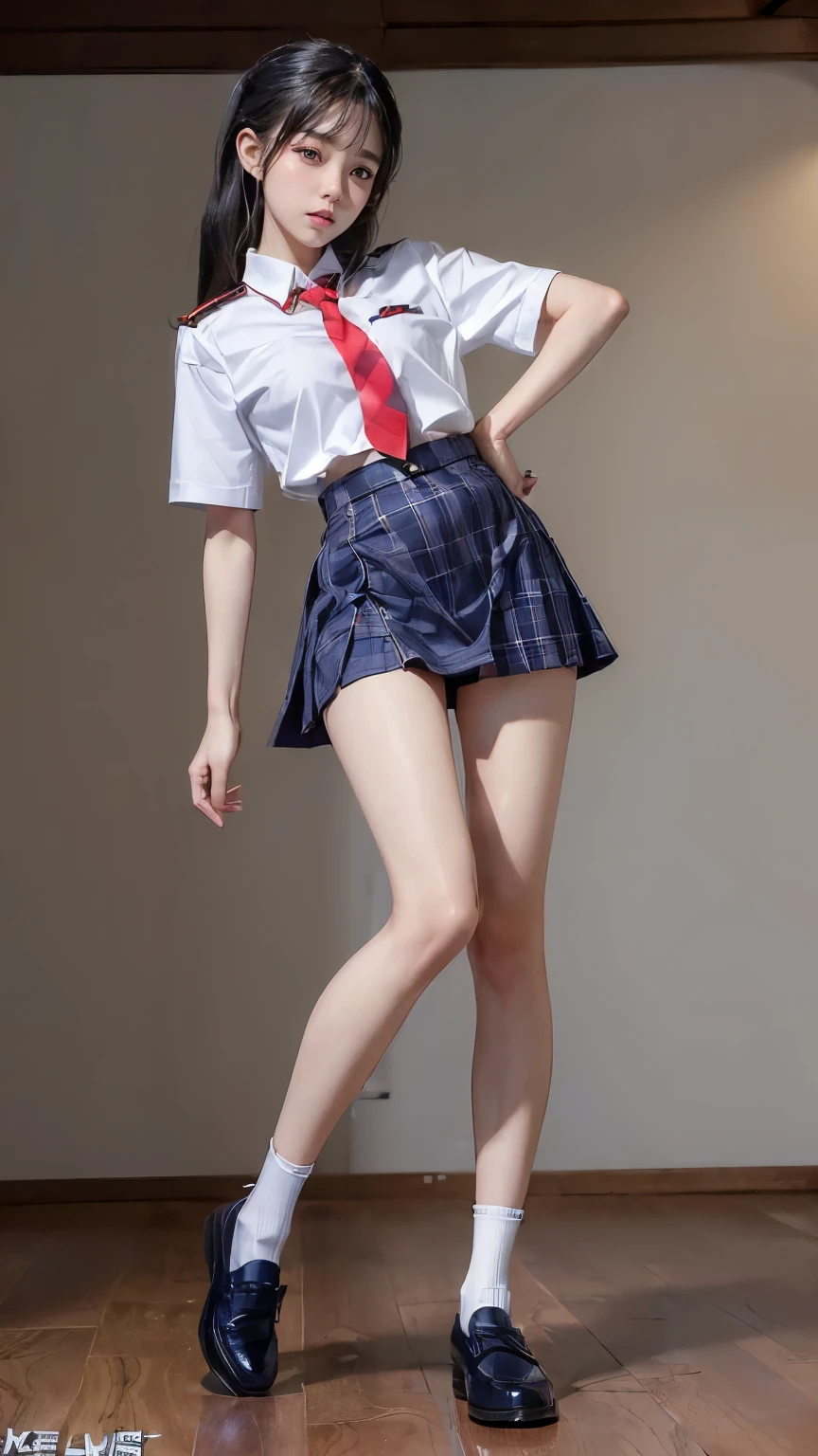 ((masterpiece)),(((最high quality))),(((((Full body shot of a girl taken from the floor:1.7))))),((Photograph the whole body from knee height:1.6)),((((((脚を揃えてPlease stand up straight:1.9)))))),((Thin thighs:1.3)),((Long legs:1.4)),(((Girl standing in a school classroom:1.7))),(((Micro Mini Skirt Uniform:1.6))),((スリムなModel body type:1.8)),((Japan  in summer uniform:1.8)),((Wearing a red tie:1.5)),(Wearing a white shirt with short sleeves:1.3),Her erect nipples are clearly visible under her clothes.,(Navy blue checked micro mini skirt:1.7),(16 years old:1.3),bangs,A small smile,((cute女の子)),Slender girl,Black Loafers,(((short white socks up to the ankles,:1.2))),cute,The thighs below the groin are slim and firm,cute,Black hair ponytail,Thin legs,スリムなModel body type,Very small waist,Small hips,Long thighs,Thin thighs,Thin hands,Long hands,((((Full body from belowを撮影する:1.5)))),(((((k-popのIVEのWONYOUNGにそっくりの女の子:1.9))))),((Turn your whole body straight ahead:1.8)),((expensive:1.4)),(Stand with your legs straight without bending your knees:1.7),((Please stand up straight:1.7)),((turn your hips forward:1.7)),The ankles are super thin,beauty,Fine skin,Firm Skin,引き締まったThin legsの肌を細部までリアルに再現,Very detailed, Attention to detail,high quality,Awards,High resolution,(Anatomically correct:1.3),(8k,RAW Photos,最high quality,masterpiece:1.5),(((Photographing a girl&#39;Full body from below))),(((She is taking a picture with three other girls from her class.:1.5))),3人ともスリムでcute,Height 173cm,((脚を揃えてPlease stand up straight:1.7)),((脚を揃えてPlease stand up straight:1.7)),((脚を揃えてPlease stand up straight:1.5)),((脚を揃えてPlease stand up straight:1.7)),(((Keep your back straight:1.8))),((Look forward:1.2)),9頭身beauty,Model body type,((Inseam is half the height:1.3)),Thin thighs,((k-popのIVEのWONYOUNGにそっくりの女の子:1.5)),Tiny and slim waist,((In the background, a classroom with a blackboard and desks is visible.:1.5))