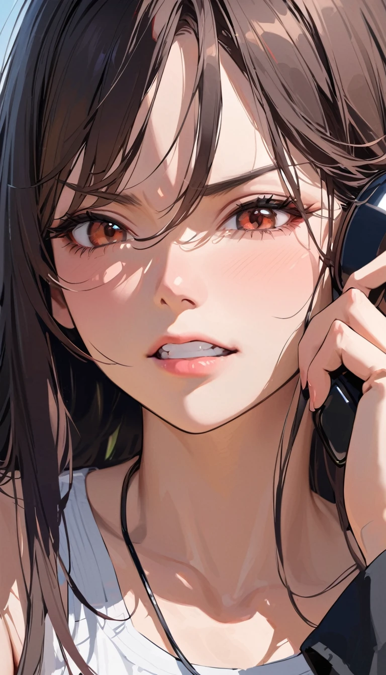 super detail, best quality, A woman is on a phone call with an angry expression.
