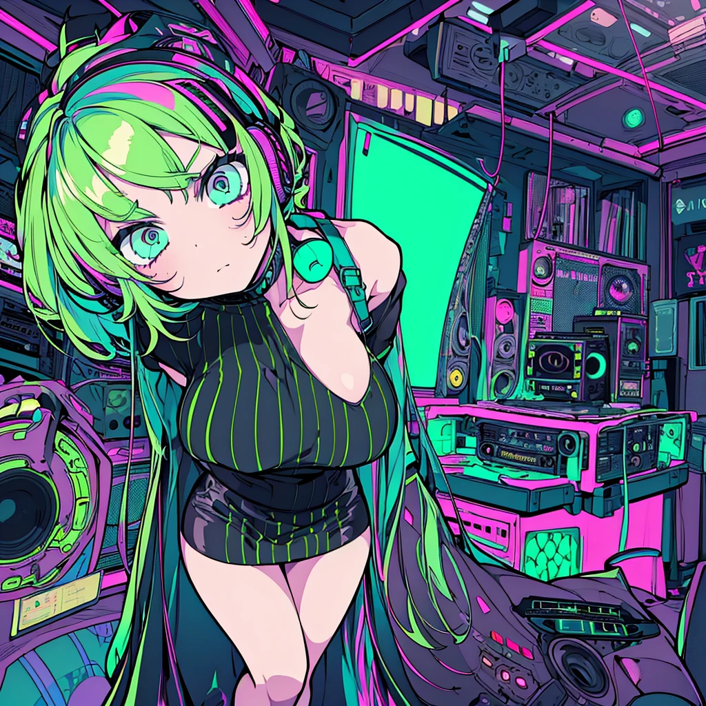 Best quality, (masterpiece:1.2), best detail face,1 girl, big breasts, 18 yo, 8k,absurdres,unity 8k wall paper,(extremely detailed:1.3), highest realistic, (retro headphones:1.1), (soft neon light:1.1), (floating hair:1.2), (psychedelic:1.2), Her room full of music equipment and records, See the whole room, dark green color palette, blonde hair