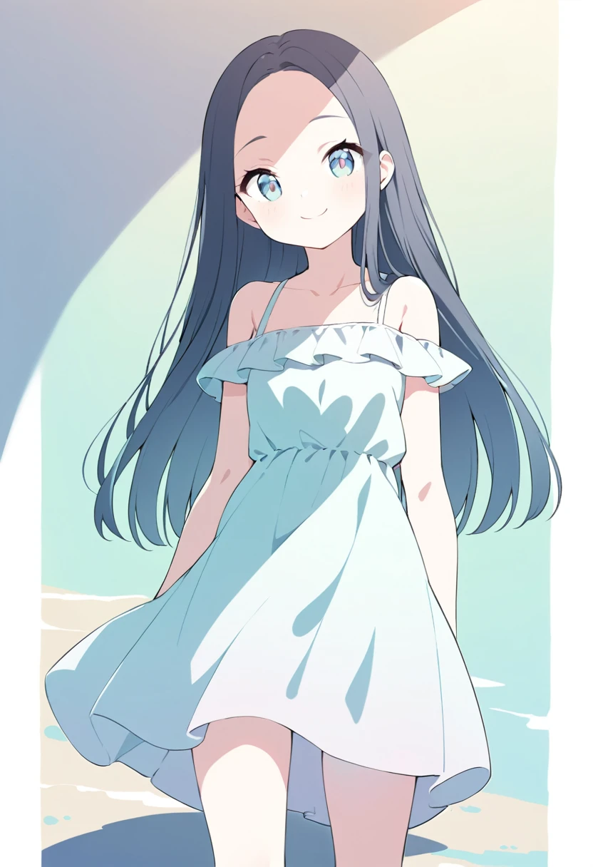 2.5D, delicate and dynamic, cute girl, straight hair, forehead, smile, loose summer dress, thin flat body line, cartoon-style images, shading, contrast magic, pale colors effects