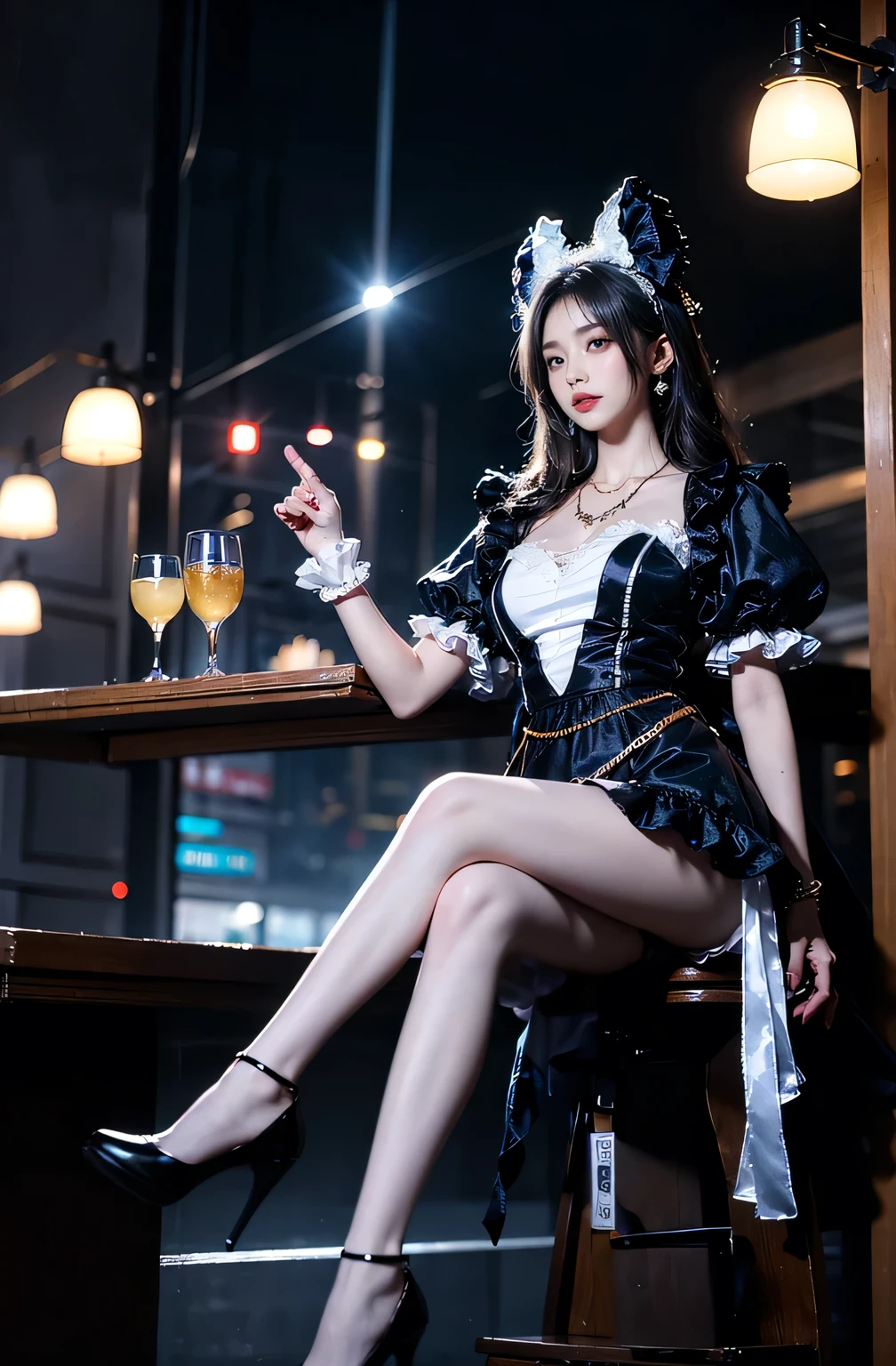 shinano role play costume, role play, High Leg Raise, High heel, transparent, Fox Tail, Multi-tail, ((whole body)), ((From below)), ((Sitting)), ((Sit on a bar stool)), Clear face, Pretty Face, 8K, masterpiece, original photo, best quality, detail:1.2,lifelike, detail, Very detailed, CG, Unite, wallpaper, Depth of Field, light, lens flare, Ray Tracing, (Extremely beautiful face, Beautiful lips, beautiful eyes), complex, detail的脸, ((ultra detailed skin)), 1 girl, in the darkness, Deep Shadows, Beautiful Korean girl, Korean Idol,(Very slim figure:1.3), Full breasts, Large Breasts, Slender sexy legs, Very beautiful legs, Elegant Posture, (A bright smile), (City night, (Neon lights), (night), Beautiful Korean girl, White Diamond Earrings, Diameter Bracelet, Deya Necklace, Clear eyes, (big eyes)