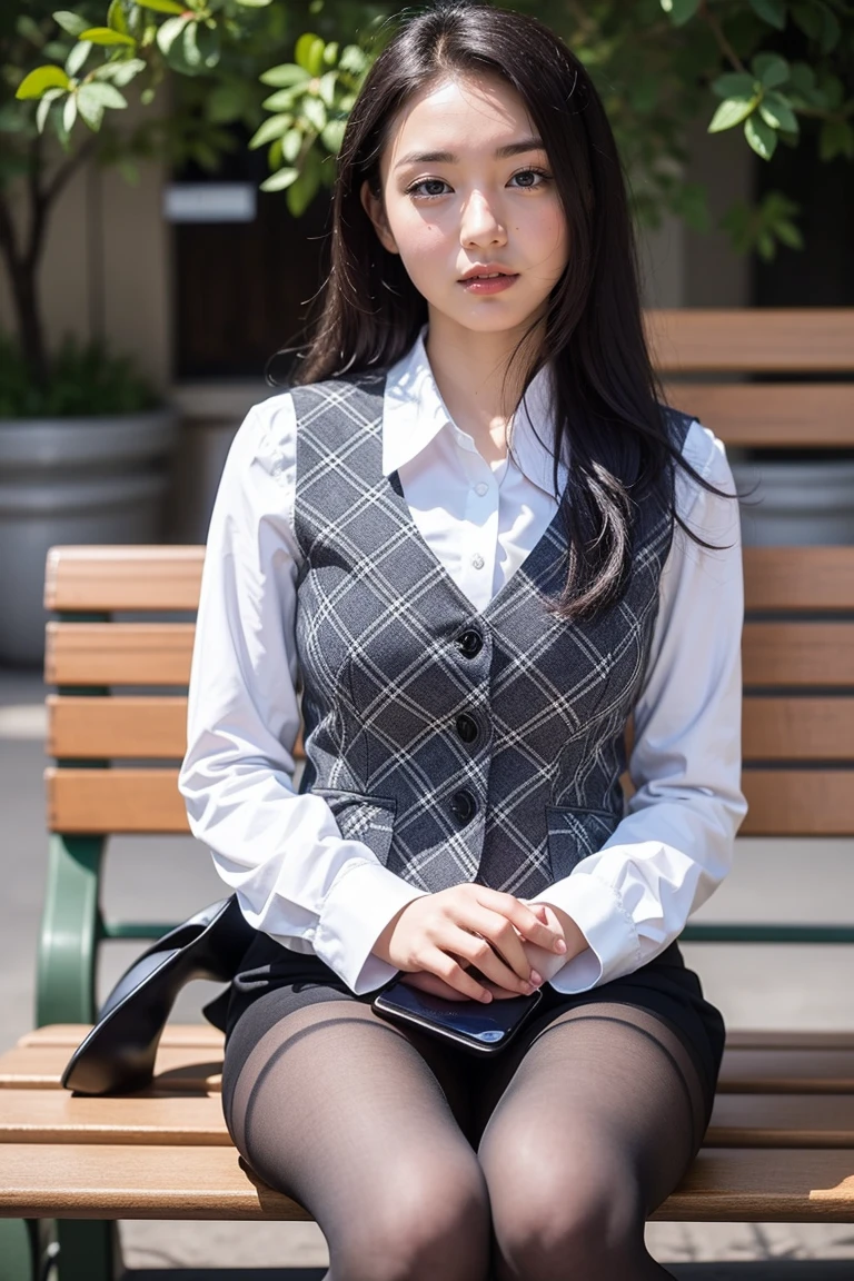 ulzzang-6500-v1.1, (RAW Photos:1.2), (Photorealistic), (Genuine:1.4), 1girl、Perfect Anatomy、42 years old、Looking at the camera、Medium Long Hair、Plaid vest、((Sitting on a bench:1.3))、(Ultra-realistic pantyhose:1.2), (High heels)、(Business services)、
