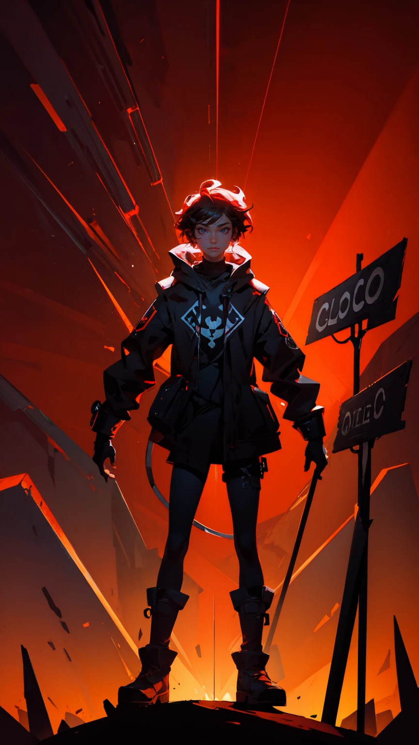 a cartoon character girl standing on the edge of an abyss holding two signs "molecular" and " sortBy szurnaliens", one sign says "дол Coco High pro". The other is called selling stock, with another hand hold up a ladder that goes down into hell. On top there's written in big letters ";, ", below him stands scared little guy with sad face, dark red background, cartoon style, vector graphics, epic composition, high resolution, sharp focus, studio lighting