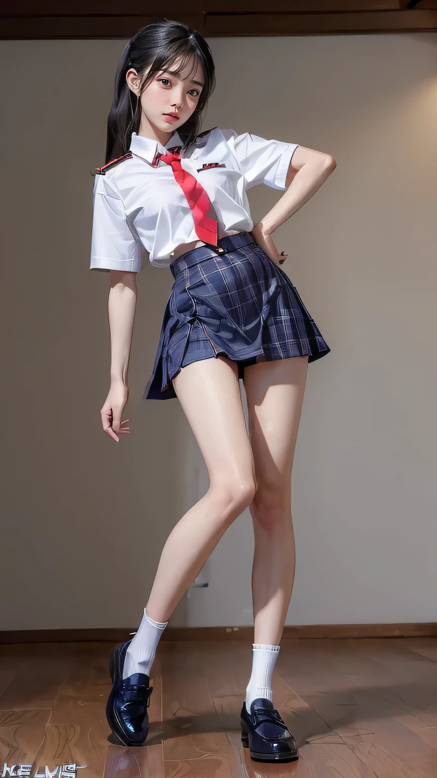 ((masterpiece)),(((最high quality))),(((((Full body shot of a girl taken from the floor:1.7))))),((Photograph the whole body from knee height:1.6)),((((((Please stand up straight:1.9)))))),((Thin thighs:1.3)),((Long legs:1.4)),(((Girl standing in a school classroom:1.7))),(((Micro Mini Skirt Uniform:1.6))),((Slim Model body type:1.8)),((Japan in summer uniform:1.8)),((Wearing a red tie:1.5)),(Wearing a white shirt with short sleeves:1.3),Her erect nipples are clearly visible under her clothes.,(Navy blue checked micro mini skirt:1.7),(16 years old:1.3),bangs,A small smile,((cute girl)),Slender girl,Black Loafers,(((short white socks up to the ankles,:1.2))),cute,The thighs below the groin are slim and firm,cute,Black hair ponytail,Thin legs,Slim Model body type,Very small waist,Small hips,Long thighs,Thin thighs,Thin hands,Long hands,((((Shooting full body from below:1.5)))),(((((k-popのIVEのWONYOUNGにそっくりの女の子:1.9))))),((Turn your whole body straight ahead:1.8)),((expensive:1.4)),(Stand with your legs straight without bending your knees:1.7),((Please stand up straight:1.7)),((turn your hips forward:1.7)),The ankles are super thin,beauty,Fine skin,Firm Skin,Realistically reproduced skin detail of thin legs,Very detailed, Attention to detail,high quality,Awards,High resolution,(Anatomically correct:1.3),(8k,RAW Photos,最high quality,masterpiece:1.5),(((Photographing a girl'Full body from below))),(((She is taking a picture with three other girls from her class.:1.5))),All three are slim and cute.,Height 173cm,((Please stand up straight:1.7)),((Please stand up straight:1.7)),((Please stand up straight:1.5)),((Please stand up straight:1.7)),(((Keep your back straight:1.8))),((Look forward:1.2)),9 head beauty,Model body type,((Inseam is half the height:1.3)),Thin thighs,((k-popのIVEのWONYOUNGにそっくりの女の子:1.5)),Tiny and slim waist,((In the background, a classroom with a blackboard and desks is visible.:1.5))