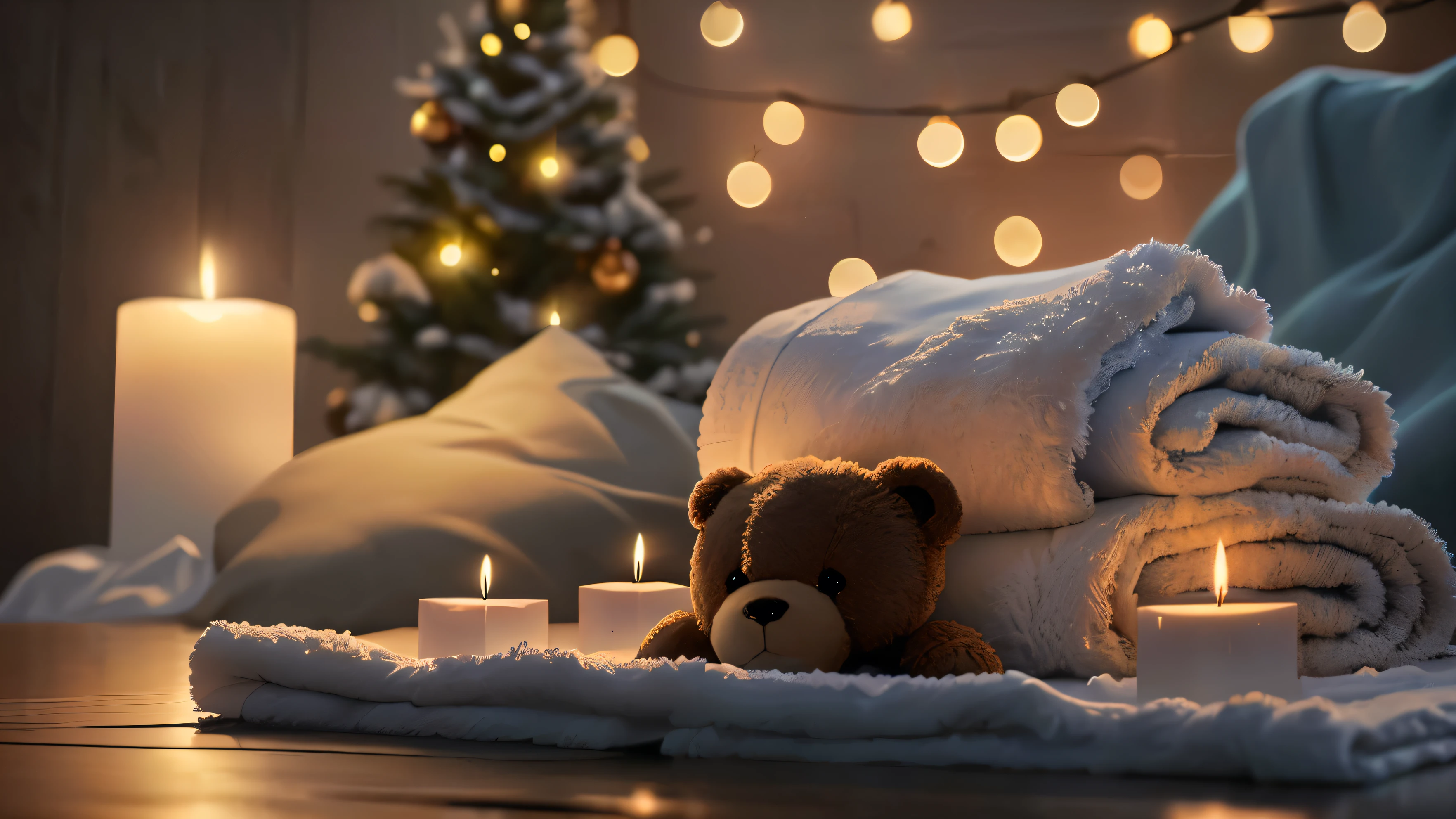 towel and candles are on a table with a teddy bear, Holiday season, towel, relax mood, Peaceful atmosphere, Cozy and serene atmosphere, Morning Glow, relax atmosphere, Pleasant atmosphere, relax, Soft glow, spa, Luxurious surroundings, Soft and warm light, Photorealistic cinematic rendering, relax environment, Beautiful atmosphere, Sublime and cozy atmosphere, Beautiful atmosphere、8K、Change to a soothing background