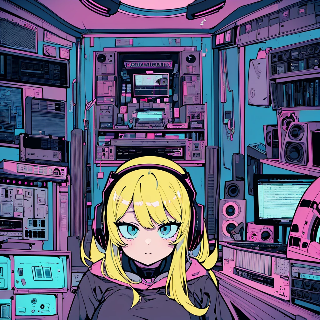 Best quality, (masterpiece:1.2), best detail face,1 girl, big breasts, 18 yo, 8k,absurdres,unity 8k wall paper,(extremely detailed:1.3), highest realistic, (retro headphones:1.1), (soft neon light:1.1), Her room full of music equipment and records, See the whole room, natural color palette, blonde hair