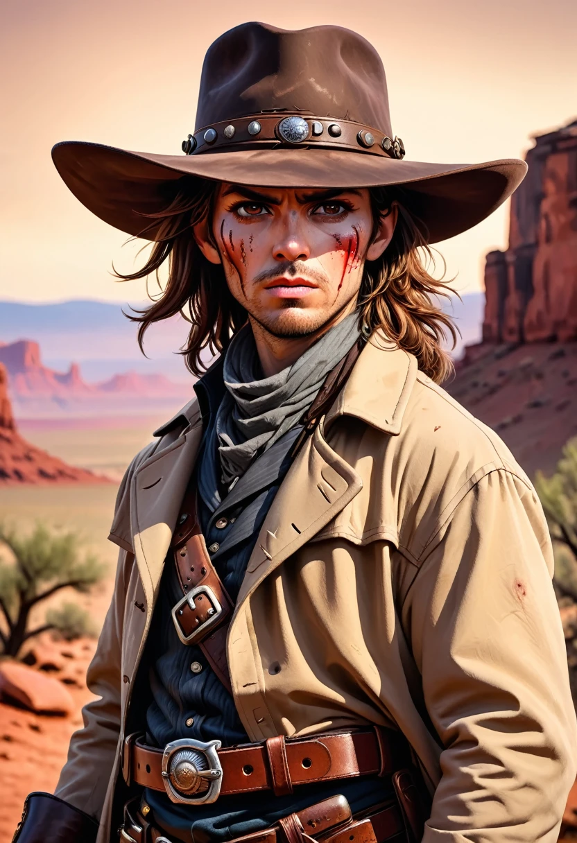 (1 person, Cowboy:1.2),  black eyes, Chestnut hair, Low fade, 
portrait, (Bloody scars:0.7), Look away, Focus on the role, Solitary, Half Shot, Delicate face, (Geometric Steel,  Pioneering technology theme:1.1), Gunner, Wide-brimmed hat,  belt, coat,    18th Century Wild West, U.S. border, The background is the red canyon of the Wild West era, Desert Background, dusk, Epic atmosphere, dust,