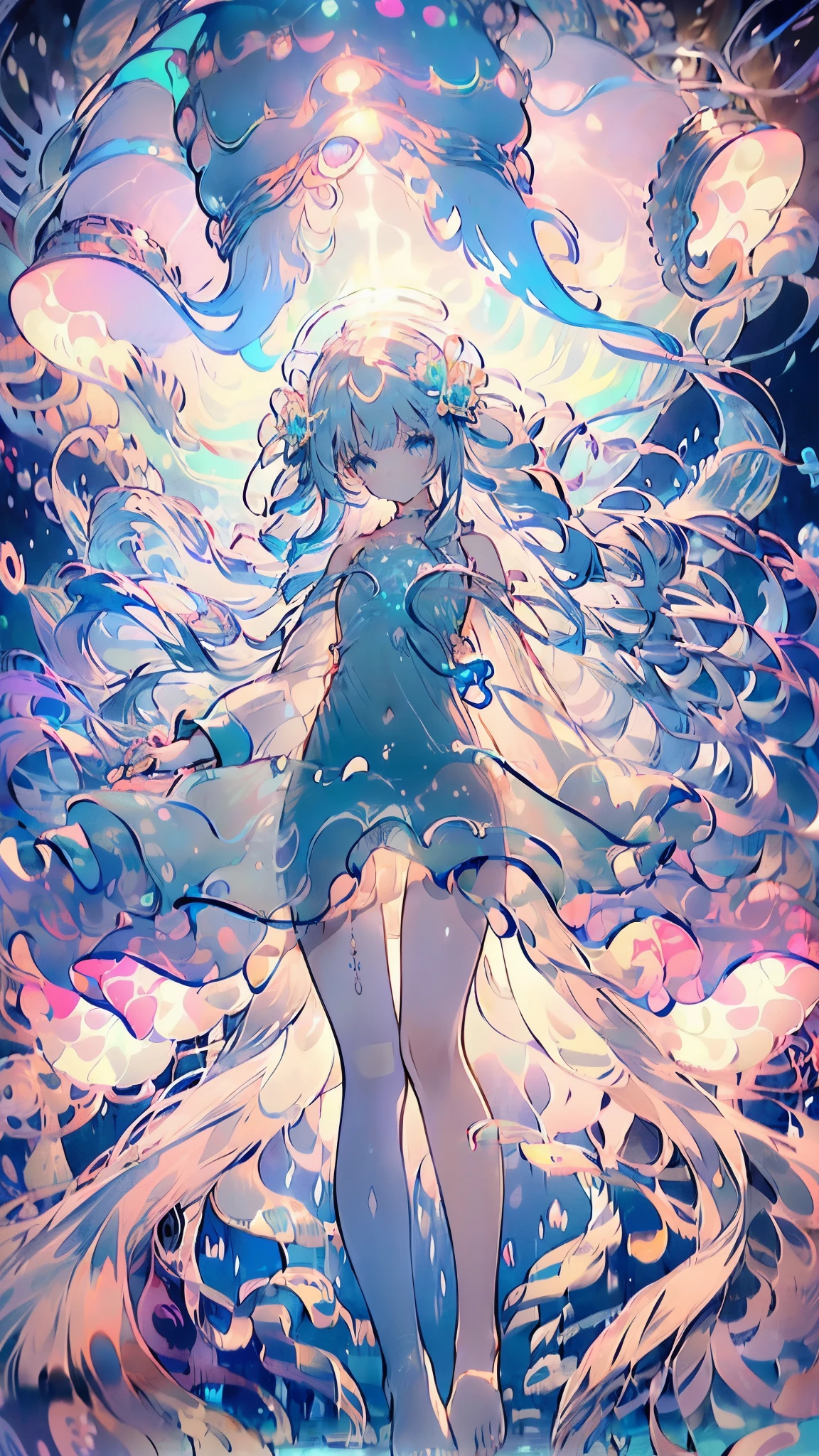(Girl with jellyfish pattern:1.3), (Flowy transparent dress:1.2), (Luminescence:1.3), (Long Wavy Hair,Tentacle-like:1.2), (The movements are graceful:1.3), (Underwater atmosphere:1.2), (Floating Effortlessly:1.2), (Soft colors:1.1), (Ethereal Beauty:1.3), (Surrounded by small jellyfish:1.2), (Gentle expression:1.1), (Deep sea-like reflective eyes:1.2), (barefoot,Slender feet:1.0), (Surrounding bubbles:1.1), (Mysterious atmosphere:1.2), National Foundation,Ultra wide angle
