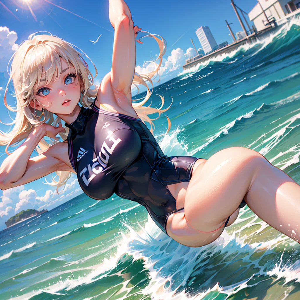 high quality,HD,16k,sharp lines,1 girl,Female surfing athlete ,cute face, large breasts, nice legs,At the surfing venue,focus girl,detailed beautiful face,detailed clothes,beautiful eyes,cool,dynamic angle