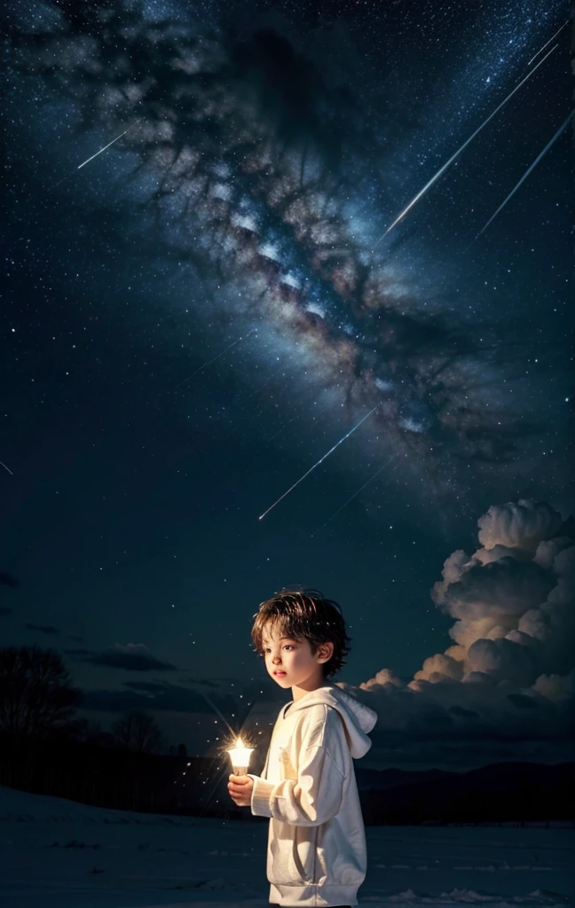  in white sweatshirt，Holding a light，Shining on his hair，Surrounded by magical clouds，Also illuminated，The majesty of winter snow, sparkling on fluffy clouds，Back，Lantern，Diffuse，There was a shooting star in the sky