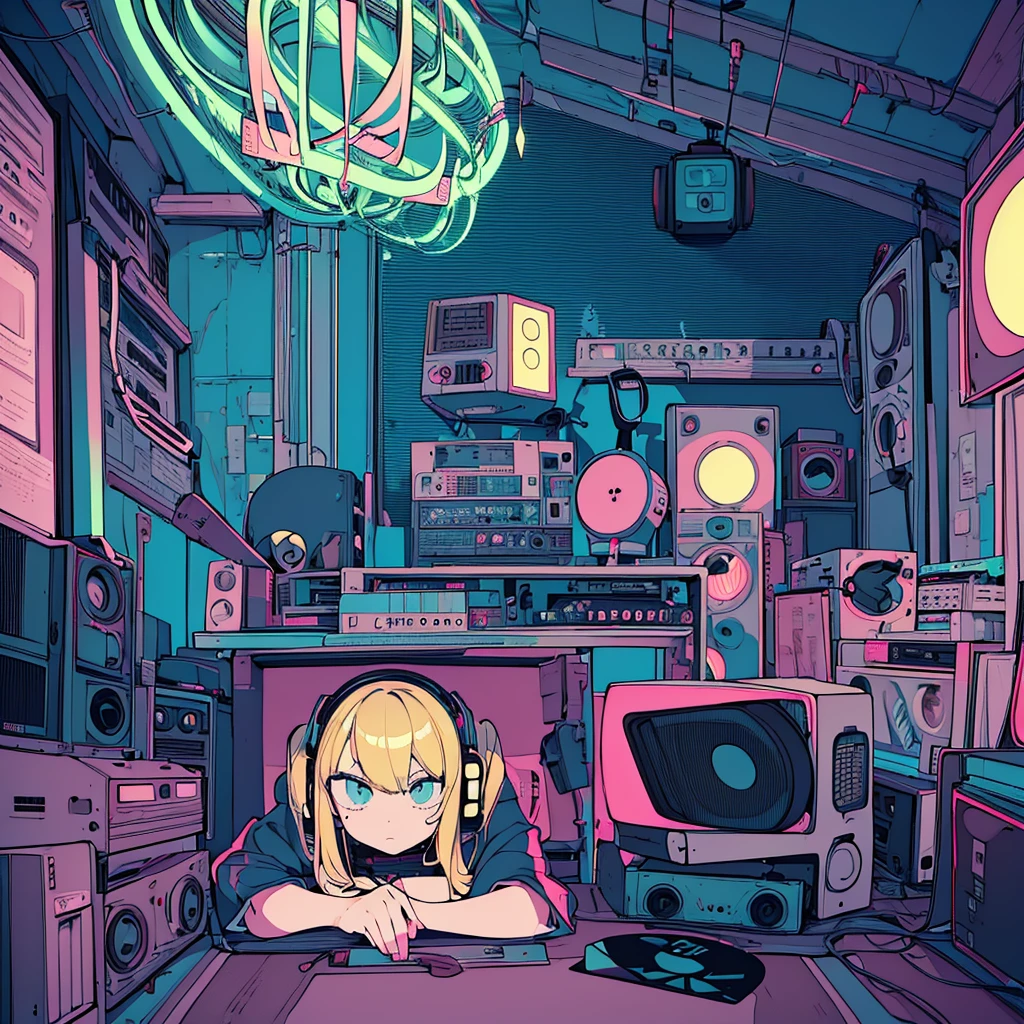 Best quality, (masterpiece:1.2), best detail face,1 girl, small breasts, 18 yo, 8k,absurdres,unity 8k wall paper,(extremely detailed:1.3), highest realistic, (retro headphones:1.1), (soft neon light:1.1), Her room full of music equipment and records, See the whole room, natural color palette, blonde hair