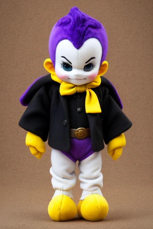 1 Plush that measures 15 cm in the shape of a harlequin demon, Black colors, purple and yellow. smiling. white gloves, zapatos de color purple and yellow, floating