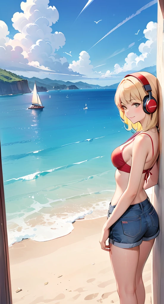 masterpiece、High resolution 8k、Browsing Caution、Sharp focus、Contrast lighting、Fine skin、The pieces fly、 Highest quality、Ultra-high resolution、Ultra-high resolution、Extremely detailed CG、One girl,Are standing,Beach,Ocean,The sky is clear and blue,There are a few scattered clouds,sunny day,Oceangull, Red bikini top,Blue denim jacket and shorts,Long blonde hair,smile,headphone,Madhouse colors、新Ocean誠のタッチ