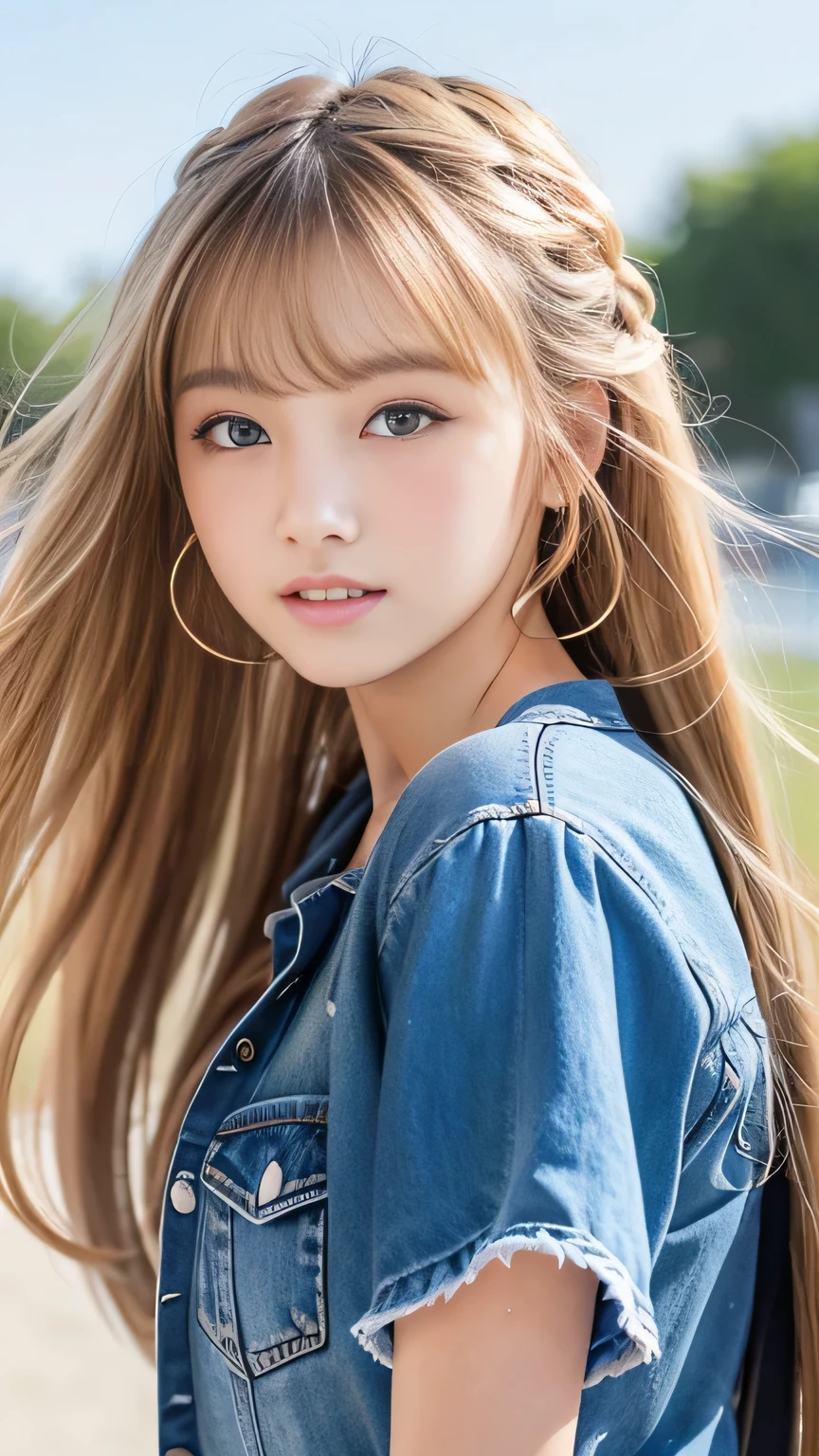 Sexy Big 、Sexy cute looks and cute 15 year old beautiful girl, beautiful and sexy face、A strong wind blows my hair in front of my face、beautiful long blonde French braided hair、beautiful, Cute and sexy eyes hidden behind long bangs