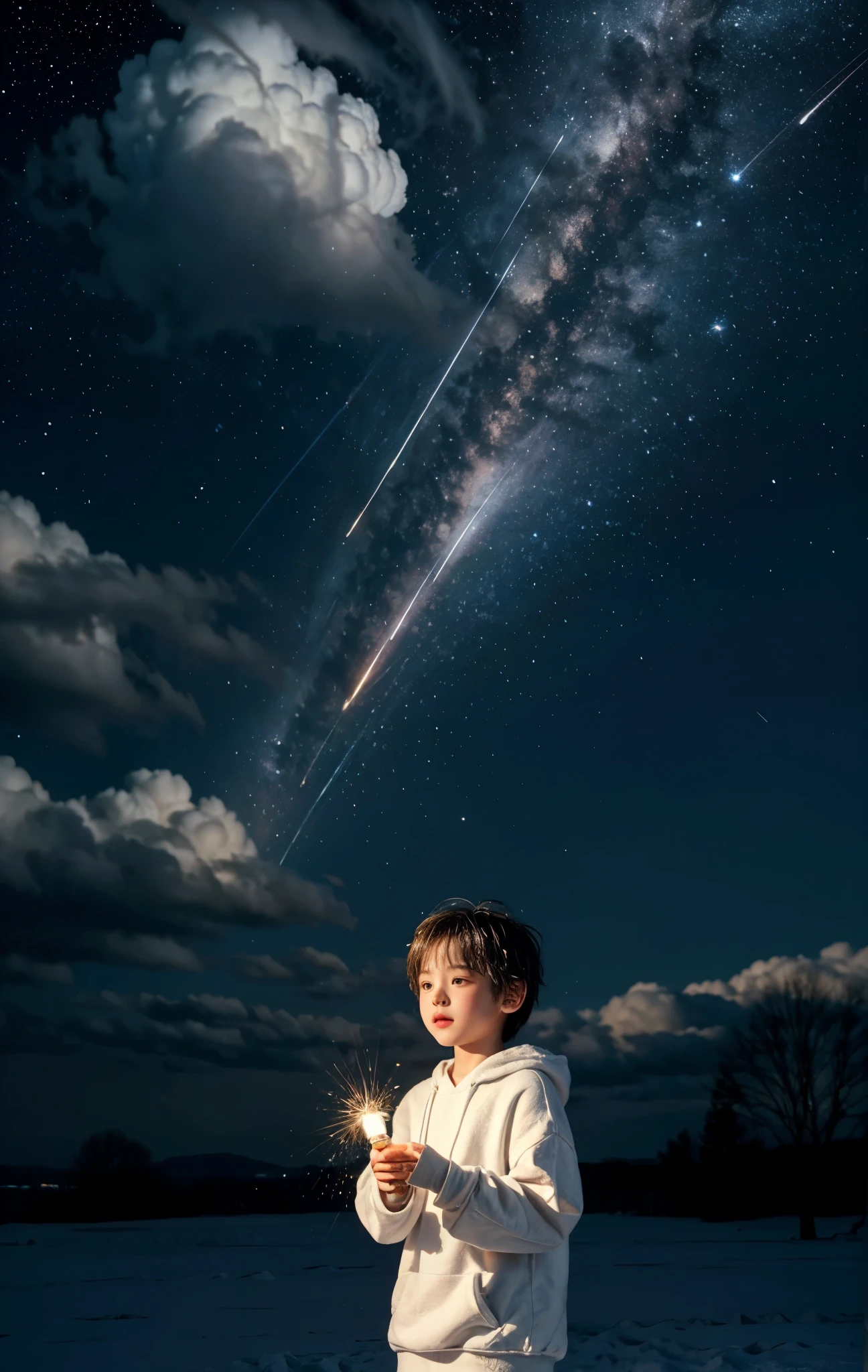  in white sweatshirt，Holding a light，Shining on his hair，Surrounded by magical clouds，Also illuminated，The majesty of winter snow, sparkling on fluffy clouds，Back，Lantern，Diffuse，There was a shooting star in the sky