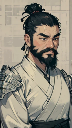 (((Monochrome)))、(((Ink Painting)))、Oriental、Ultra-high resolution、Game Poster、Crisp and beautiful image quality、beard、ancient chinese hairstyle male、Embroidered cloth wrapped around a topknot、whole body ,(Ancient Chinese armor, Dragon head on shoulder,(黒beard):1.2), (Ancient Chinese armor with intricate pattern:1.2), gloves, Long trousers, (Very detailed, bloom:1.5), (Highest quality, Concept Art, 4K), (analog:1.2), (high sharpness), (Detailed pupil:1.1), Detailed face and eyes, masterpiece, Highest quality,8k,  (Black Hair, Dynamic Short Hair), (PurerosFace_v1:0.2), [:(Detailed face:1.2):0.2], sharp, Realistic Shadow, 