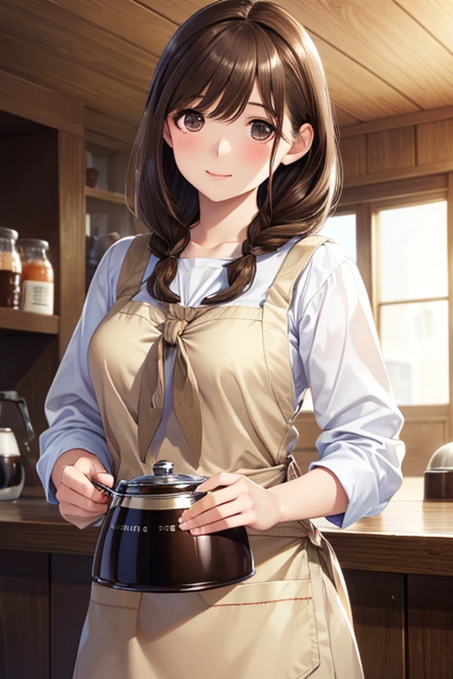 anegasaki nene、Shiny brown hair, Long Hair、 (Beautiful brown eyes、Sparkling eyes, Fine grain)、smile、Ultra-detailed eyes、Highly detailed face, Highly detailed eyes,

Cowboy Shot、
masterpiece,Highest quality,Stylish western style cafe,female Cafe staff,(Cafe staffの:1.3,Quality clothing),(Carrying a coffee pot),Laughter,Bright atmosphere in the store, Highest quality、8Kのmasterpiece、Ultra-high resolution、(Photorealistic:1.3)、RAW Photos、(1 female), ((Brown Hair, casually tied hair:1.6)), Glowing Skin, Cafe staff, stylish, Cute Apron、((Ultra-Realistic Details))、Portraiture、Global Illumination、Octane Rendering、In 8K、Ultra Sharp、Very intricate details、Realistic Light、CG Social Trends、Beautiful Eyes、Shining Eyes、To the camera
