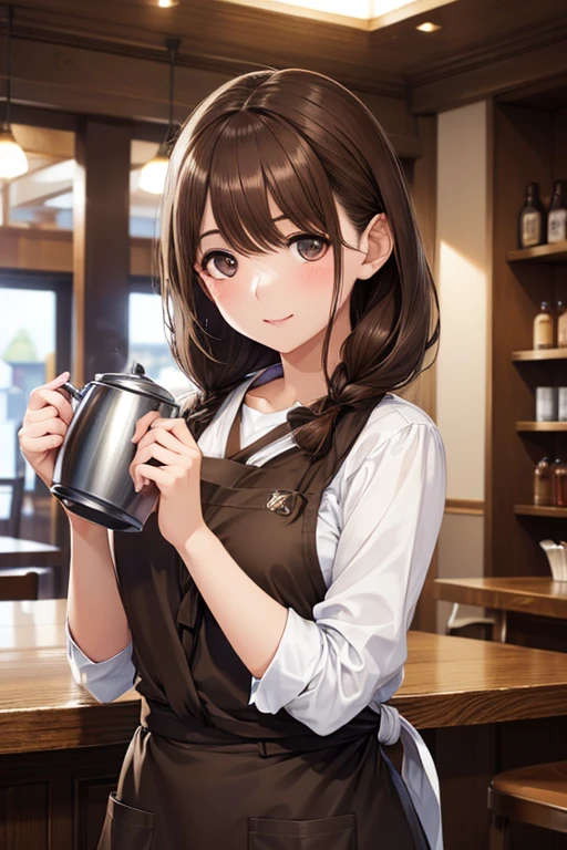 anegasaki nene、Shiny brown hair, Long Hair、 (Beautiful brown eyes、Sparkling eyes, Fine grain)、smile、Ultra-detailed eyes、Highly detailed face, Highly detailed eyes,

Cowboy Shot、
masterpiece,Highest quality,Stylish western style cafe,female Cafe staff,(Cafe staffの:1.3,Quality clothing),(Carrying a coffee pot),Laughter,Bright atmosphere in the store, Highest quality、8Kのmasterpiece、Ultra-high resolution、(Photorealistic:1.3)、RAW Photos、(1 female), ((Brown Hair, casually tied hair:1.6)), Glowing Skin, Cafe staff, stylish, Cute Apron、((Ultra-Realistic Details))、Portraiture、Global Illumination、Octane Rendering、In 8K、Ultra Sharp、Very intricate details、Realistic Light、CG Social Trends、Beautiful Eyes、Shining Eyes、To the camera