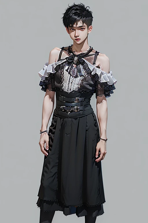 Young man wearing dress , very small spikey boyish haircut , hot man , full body, off shoulder, bamboo design 