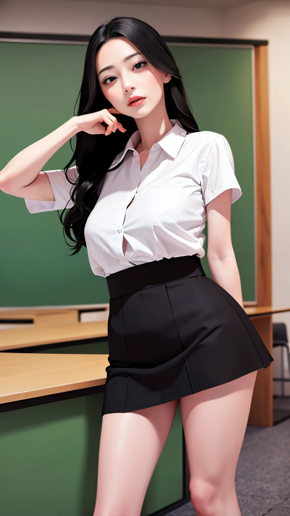 ((masterpiece, Highest quality)), (One girl), (alone), (Focus on women), (Very long hair), lureする笑顔, Open your mouth, ((White shirt), (Buttoned shirt), (Gap Button)), ((Black Skirt), (Short skirt)), Are standing, White Background, Put your arms behind your back, Dynamic Angle、female teacher:1.5、classroom、after school、夜薄暗いclassroom、Squint your eyes、Lift the corners of your mouth、blush、lure