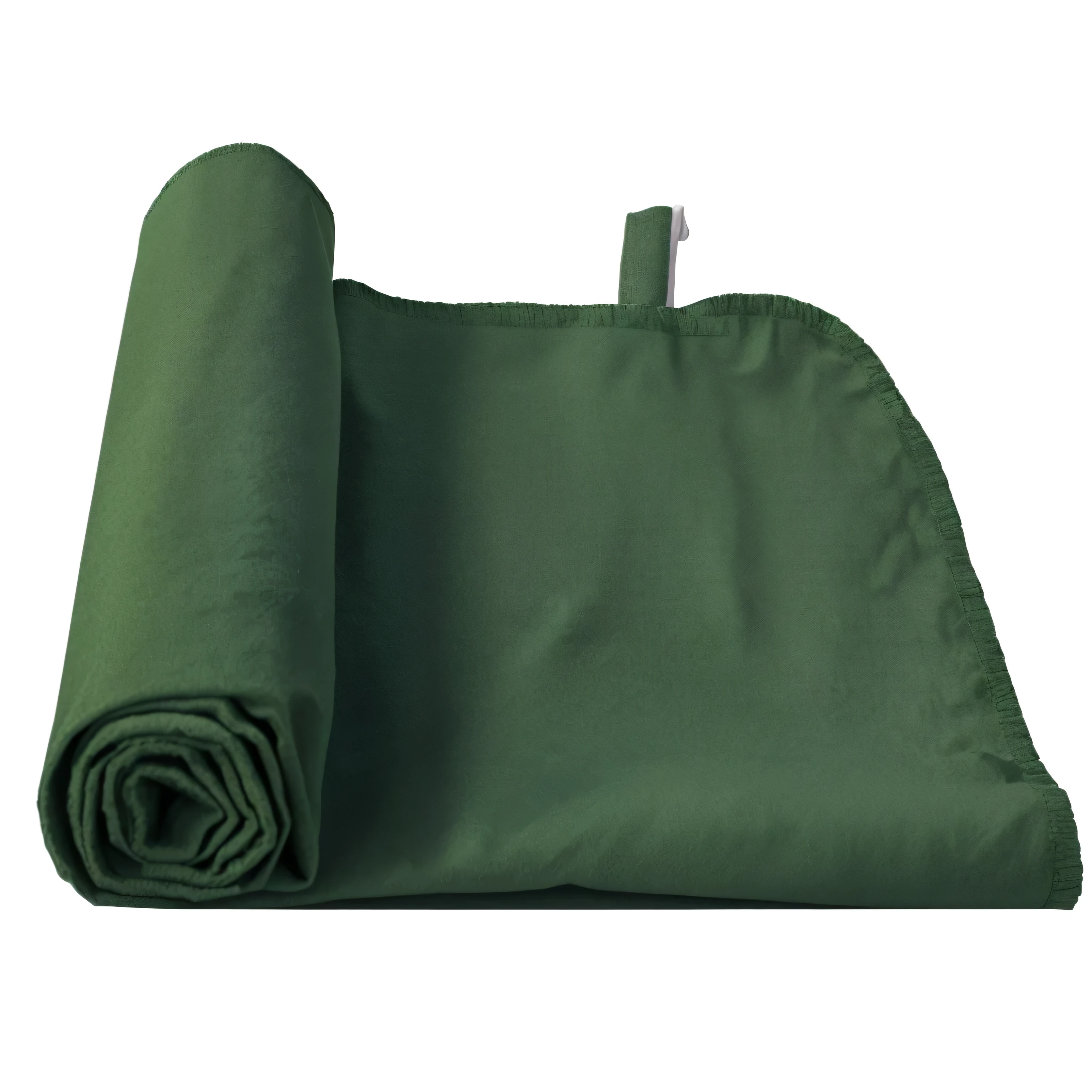 A roll of green fabric lies on a white surface, dark green, Tactical poncho latex rag, High resolution details, Maximum, High-detail product photos, dark green cloak, High-quality product photos, 3/4 Views, 3 / 4 Views, Cloth wrapping, detailed cloth, Wide and high angle views, In the mid-range panorama, Full length view,Camping Towel