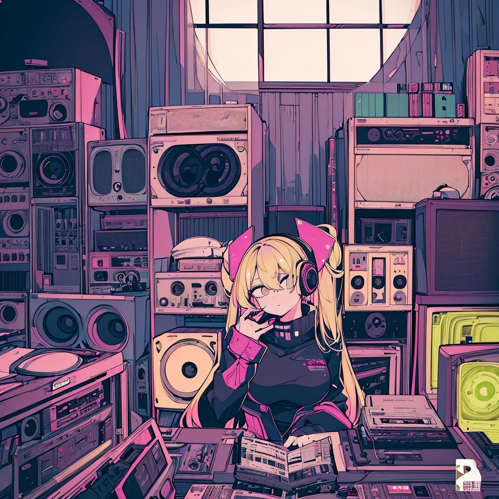 Best quality, (masterpiece:1.2), best detail face,1 girl, beautiful breasts, 18 yo, 8k,absurdres,unity 8k wall paper,(extremely detailed:1.3), highest realistic, (retro headphones:1.1), (soft neon light:1.1), Her room full of music equipment and records, See the whole room, natural color palette, blonde hair